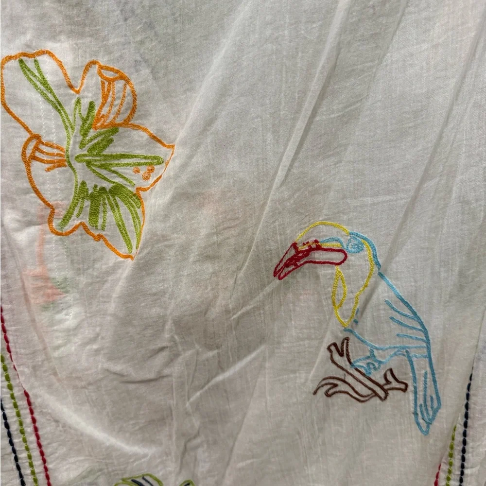 Soft Surroundings Tropical Bird Leaf Embroidered Kimono Cover Up in white/beige